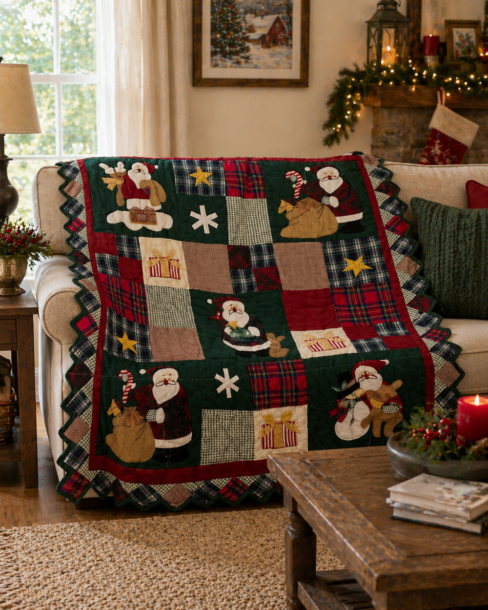 Santa Claus Christmas Patchwork Throw Blanket Holiday Season Green Multicolor